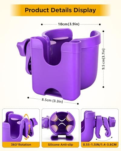 Universal Stroller Cup Holder with Mobile Phone Case, 2-in-1 Strollers Storage Rack, 360 Degrees Rotation Drink Holder for Bike, Pushchair, Wheelchair, Walker,Bicycle, Fits Most Cups (Purple) — view 2