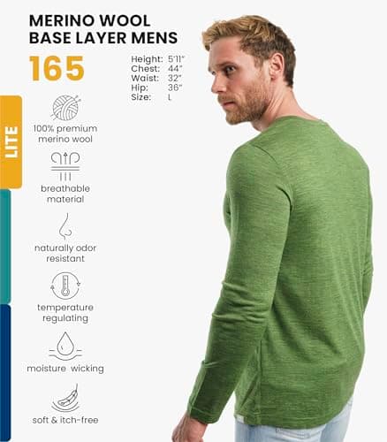100% Merino Wool Base Layer Men - Long Sleeve Thermal Shirt + Hiking Socks (Medium, 165 Green Olive) — view 2