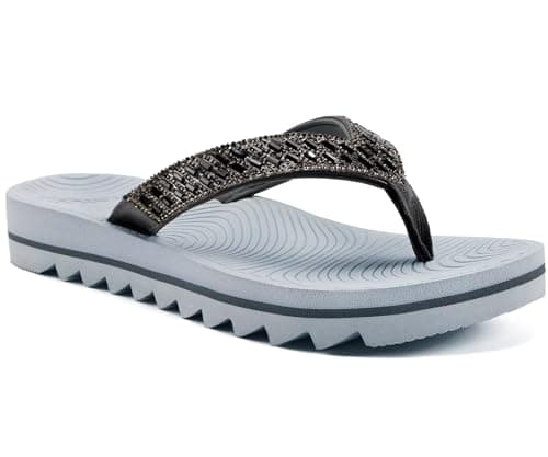 KuaiLu Womens Orthotic Flip Flops with Arch Support Yoga Mat Cushion Fashion Rhinestone Sandals Summer Walking Beach Travel Thong Slides Comfy Plantar Fasciitis Indoor Outdoor Sandles Grey 6