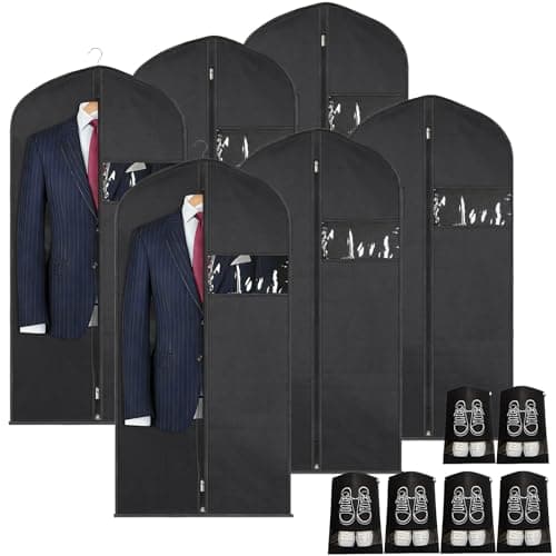 12Pcs Garment Bags for Hanging Clothes, 6Pcs Suit Covers (120x60cm) with Clear Window & Card Holder, 6Pcs Breathable Shoe Bags, Moth-Proof Non-Woven Clothes Protector for Suit, Coat, Dress