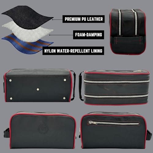 Travel Dopp Gift cosmetic VI PRESTIGE premium quality Classic Toiletry Bag large capacity two compartments YKK zippers water-resistant bottom studs mesh pockets durable organizer unisex BLACK/BURGUNDY — view 3