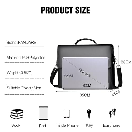 FANDARE Laptop Briefcase Men Notebook Case PU Leather Document Case Cross-Body Shoulder Messenger Bag 12.9 inch Laptop Handbag Work Travel Business School Professional Waterproof Bag Black — view 3
