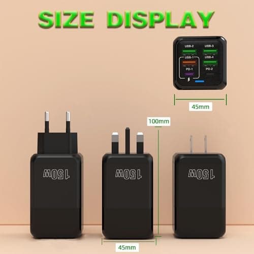 150W 6-port GaN Charger, 4 USB-A+2 Type-C PD Fast Charging Ports, AI Power Distribution, Universal Compatibility with iPhone, Samsung, Huawei, Xiaomi, Etc. (UK Plug) (Black) — view 4