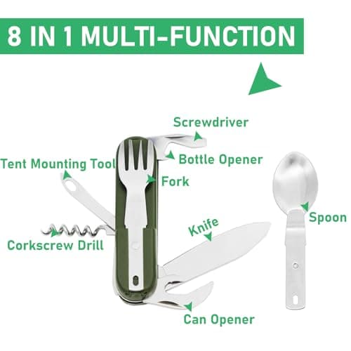 Folding Camping Cutlery Set, 8 in 1 Stainless Steel Portable Utensil Detachable Reusable Travel Cutlery Tableware with Pouch Case for Camping Hiking Fishing Picnic On The Go — view 3