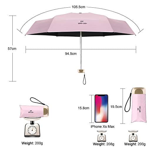 Vicloon Mini Umbrella, Pocket Umbrella （Pink） with Golden Handle, 210T Black Rubber Cloth & 6 Aluminum Alloy Ribs, Foldable Compact Travel Umbrella, UPF>50+ UV Resistance — view 2