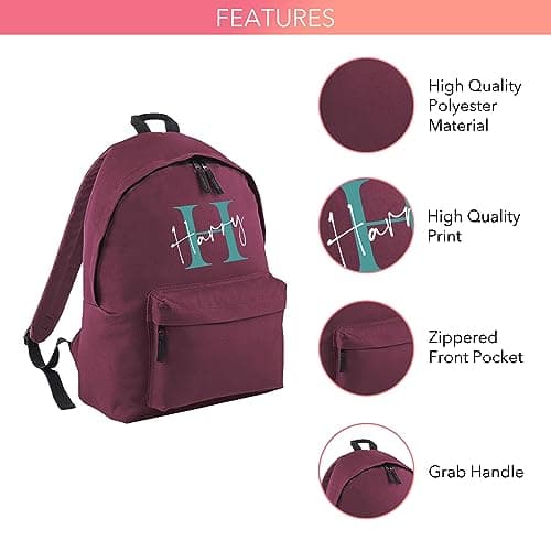 Print Maniacs Personalised Any Name Large 18L Kids Travel Backpack Junior Shoulder Collage Rucksack School Lunch Swimming P.E Laptop Book Bag (Burgundy, Teal/White) — view 3