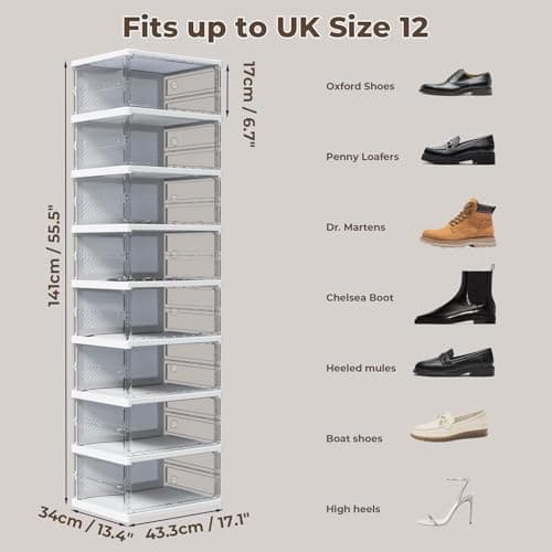 KU Syang Shoe Storage Box,8PCS Shoe Organiser Stackable with Magnetic Door Storage Organise Foldable Space Saving,Fits up to UK Size 12, Transparent and White — view 3