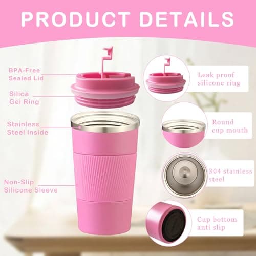 Senshuomy Travel Mug, Insulated Coffee Cup with Leakproof Lid, Reusable Coffee Cups Travel Cup, Stainless Steel thermaol Mug for Hot Cold Drinks (Pink 380ml) — view 2