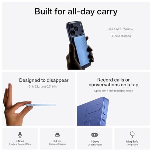 Pocket AI Voice Recorder, Auto Transcription, AI Note Taker, Sierra Blue — view 4