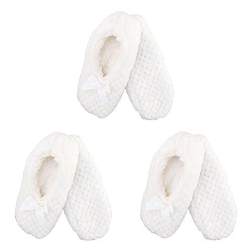 BambooMN Soft Touch Warm Cozy Fuzzy Non-Slip Lined Slip-On Slippers Socks for Adult Women, Indoor Travel House Slippers, 3 Pairs, White, Small