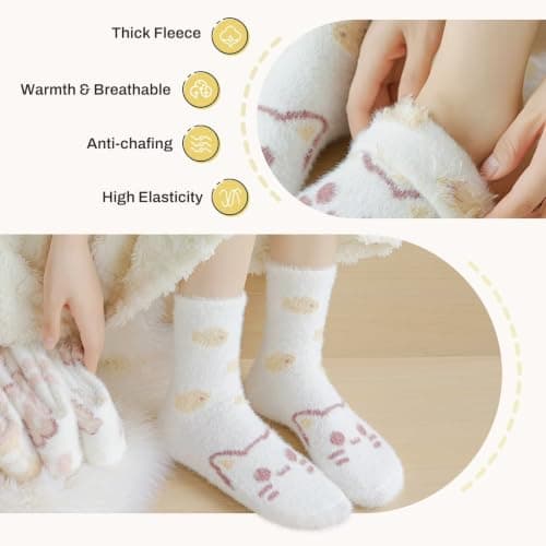 Sillictor 5 Pairs Thermal Socks for Women and Girls,Thick Warm Fluffy Socks Womens 4-7 Ladies Slipper Socks Fleece Cosy Bed Socks Soft Animal Socks for Sleep Walking 23016 23009 Pink Cat — view 4