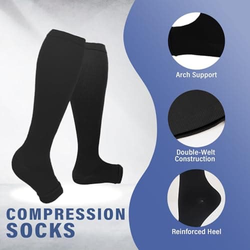 Sahunfri 2 Pairs Open Toe Compression Socks Women Men, 20-30 mmHg Flight Compression Socks for Women, Toeless Pressure Socks for Calf Support(UK, Alpha, L, XL, Regular, Regular, Nude&Black) — view 3