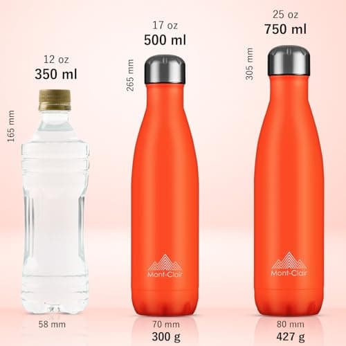 Mont-Clair Stainless Steel Water Bottle, Vacuum Insulated - BPA Free, 12h Hot & 24h Cold Drinks, Metal Water Bottle 500ml Leakproof, Ideal for Adult, Kids, Running - Orange — view 3