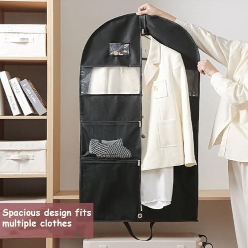 Suit Bag, URMI Heavy Duty 110 x 60 x 10 cm Dance Costume Bag Clothes Storage Protector Cover for Travel 10cm Gusseted Suit Carriers with 3 Pockets Hanging Garment Bag for Suits, Dress 2 Pack, Black — view 5