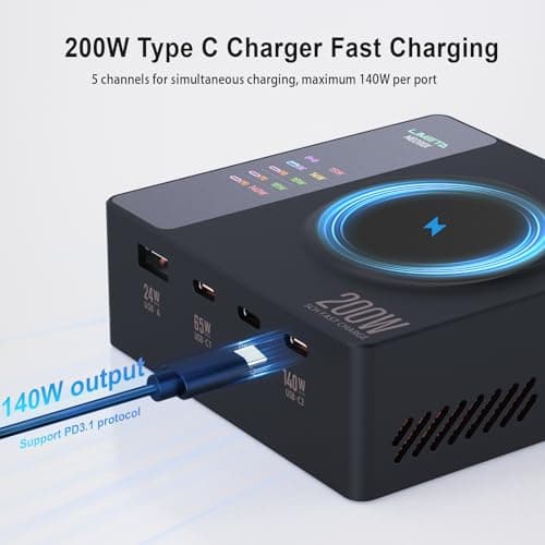 LIMETA MD200X 200W 5-in-1 Fast Charging Station with Display and Wireless Charger, Desktop Charger Hub Multi Port USB Plug UK Compatible with Laptop MacBook Pro 16, Dell XPS, iPhone 16 Pro, Galaxy S24 — view 5
