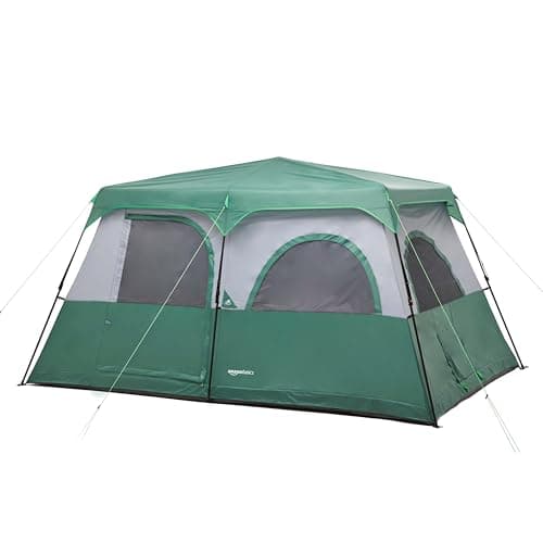 Amazon Basics 10-Person Instant Camping Tent with Rainfly, Pre-Attached Telescoping Frame, Weather-Resistant, Quick Setup, Mesh Windows, Room Divider, for Large Group & Family, Green,