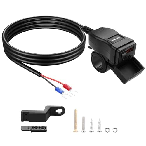 PNGKNYOCN Motorcycle USB Charger, 30W USB Type C PD & USB 3.0 Quick Charge Motorcycle Waterproof Charger Port to U-Shaped Terminal for Phone, Tablet, GPS(1.2M)