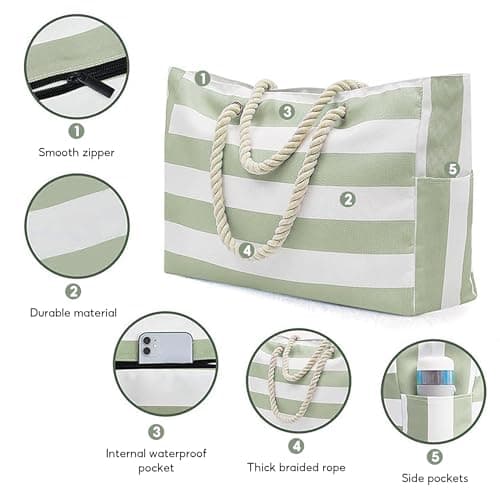 Megcdtr Large Beach Bag, Stripe Tote Bag with Zip(Green and White) — view 6