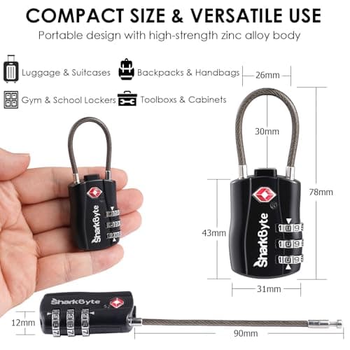 SharkByte TSA Suitcase Locks - 3-Dial Security Travel Combination Padlock, Flexible Cable Wire Travel Lock for Suitcases Luggage Case Travel Bag Gym Locker Code Small Padlock (Pack of 1) — view 4