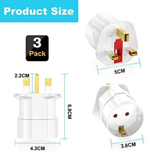 European to UK Plug Adaptor 2 Packs, EU to UK Plug Adapter with 13A Fuse, HITRENDS Plug Adapter 2 Pin to 3 Pin 3250W Max Travel Adaptor Euro to UK for France, Italy, Spain, Germany Euro to UK, White — view 5