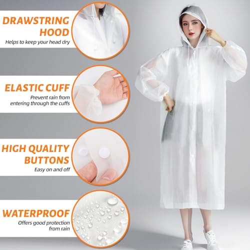 WOHSEROM 1 Pack Rain Ponchos for Adults Reusable, Thickened EVA Travel Raincoat Jacket with Hoods and Sleeves, Lightweight White Waterproof Capes Ponchos for Men Women Outdoor Hiking Camping Travel — view 3