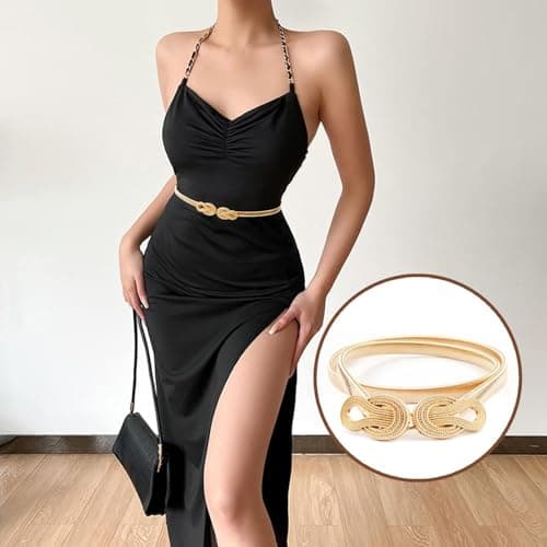 Gold Belt, Amaxiu Elastic Waist Belt for Women, Versatile Stretch Chain Gold Ladies Dress Belt, Adjustable Stretch Metal Waist, Thin Skinny Elastic for Dresses Wedding Party and Daily Outfits — view 5