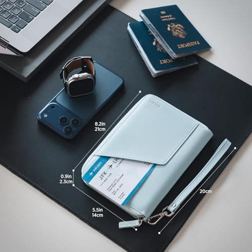 VULKIT Leather Passport Holder Family Travel Document Organizer with RFID Blocking Travel Wallet Slim Dual Slots SIM Card and Multiple Card Holders for Men and Women (Light Blue) — view 2