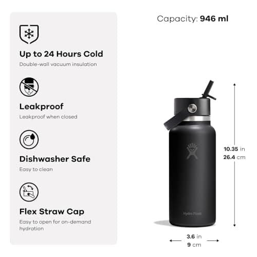 Hydro Flask – Wide Flex Straw Cap 946 ml (32 oz) Bottle, Black — view 2