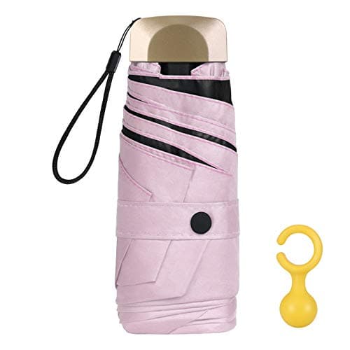 Vicloon Mini Umbrella, Pocket Umbrella （Pink） with Golden Handle, 210T Black Rubber Cloth & 6 Aluminum Alloy Ribs, Foldable Compact Travel Umbrella, UPF>50+ UV Resistance