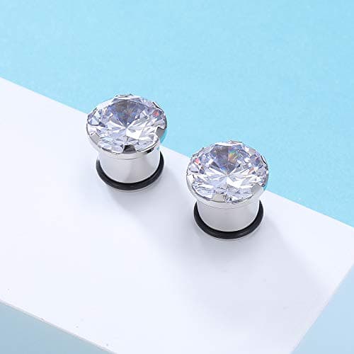 PunkTracker Pair Clear CZ Zirconia Prong Set Ear Plugs Gauges Stainless Steel with Silicone O-Ring Stretcher Expander — view 4
