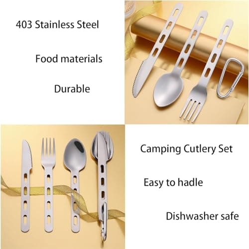 JYTDBCS 3Pcs Camping Cutlery Set Stainless Steel Flatware Travel Cutlery Set Tableware Kit for Knife, Fork and Spoon Set with Carabiner for Hiking Picnic, Office On-The-Go — view 3