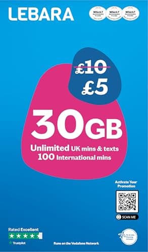 Lebara Mobile SIM Card: 30GB Data SIM Only Plan for £5, Half Price for First 3 Months, No Contract, UK Calls, Texts, International Minutes, EU and India Roaming Included, Fits All Devices