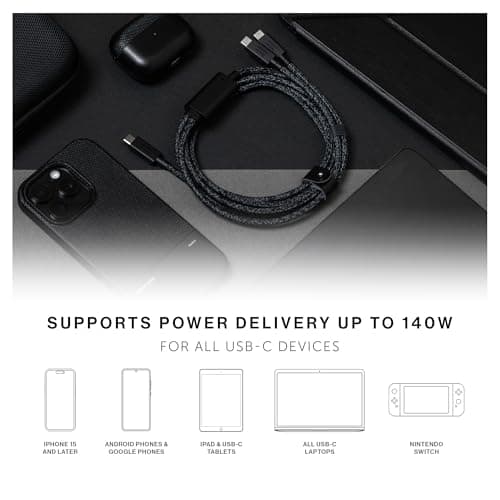 Native Union Belt Cable 2-in-1 – 2m/6.5ft Multi-Device High Speed Charging Cable with Leather Strap for all Type-C Devices – 140W USB-C to two USB-C Connectors – Made with Recycled Materials (Cosmos) — view 3