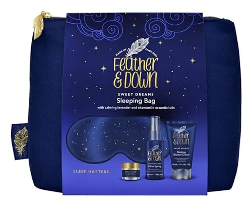 Feather & Down Sleeping Bag Gift Set (luxury eye mask, sleep balm, pillow spray and shower cream) - relaxation gift with calming lavender & chamomile essential oils perfect for Mothers Day