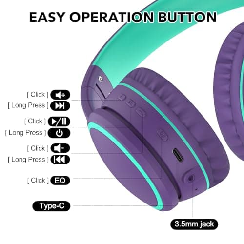 RORSOU B10 Bluetooth Headphones Over Ear, 2 EQ Music Modes(Normal/Bass) and 50H Playtime Wireless Headphones with Mic, Lightweight Folding HiFi Stereo Headset for iPad/Travel/Tablet/PC/Home Purple — view 5