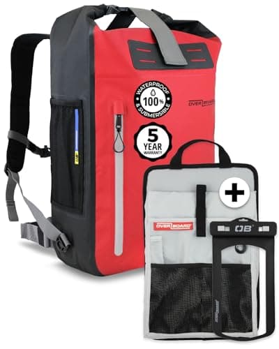 OverBoard Red Explorer Waterproof Backpack 30L Bundle | Roll Top Floating Dry Bag for Kayaking, Beach, Boating, Hiking, Rafting | Includes Waterproof Phone Case and Backpack Organiser (Red, 30 Litre)
