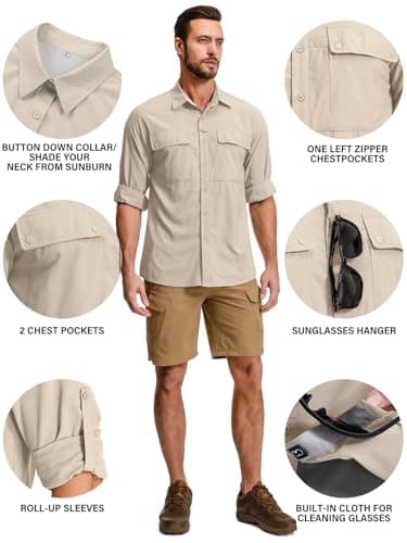 Jessie Kidden Mens Safari Shirts Long Sleeve UV Protection Hiking Fishing UPF 50+ Quick Dry Cooling Camping Travel Shirts #5060-Light Khaki-XXL — view 4