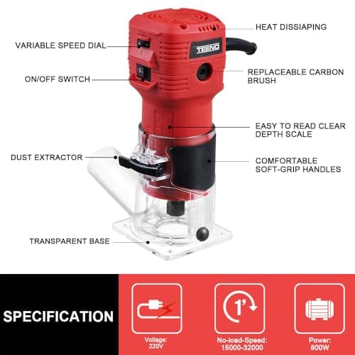 TEENO Compact Electric Hand Wood Trimmer 800W 15000-32000 RPM,with Dust Cover,6 Variable Speeds,Profession Router Trimmer with 5PCS 1/4" Shank Router Bits,Includes Base 6/6.35mm — view 2