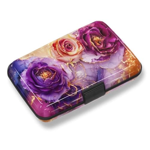 Credit Card Holder, Mini RFID Small Aluminum Card Wallet, Blocking Slim Metal Business Card Case, RFID Blocking Front Pocket Wallet Hard Case Durable CC Holder for Women Girl, Purple Marble Flower