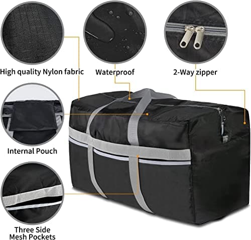 Foldable Travel Bag, 96L Extra Large Holdall Bag, Packable Duffle Bag, Lightweight Waterproof Duffel Bag, Black — view 3
