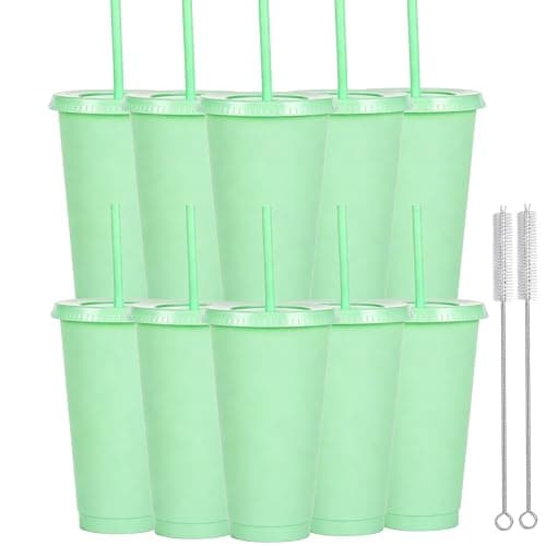 Yisituo 24 oz Reusable Plastic Cups, 10 Pack Cold Cups with Lid and Straw, Tumblers Travel Mugs for Adults and Madam Party and Beach, Pool Gatherings (10, Light Green)