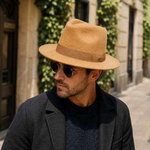 Novella Noori Indiana Jones Style Fedora Hat - Pure Wool Felt Wide Brim Fedora Hat for Men and Women - Crushable, Water-Resistant Vintage Wool Flet Fedoras - (Beige, UK, Alpha, L) — view 2