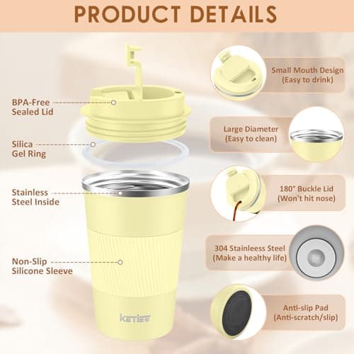 KETIEE Coffee Mug to Go, 380 ml Thermal Mug, Coffee-to-Go, Double-Walled Travel Mug, Vacuum Insulated Mug with Leak-Proof Lid for Coffee and Tea, Milk Yellow — view 2
