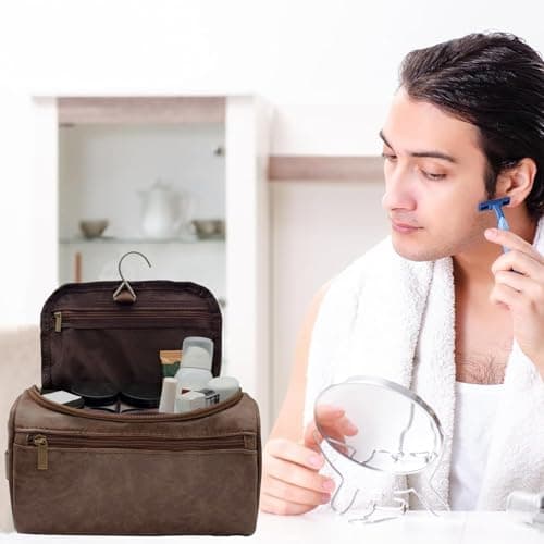 PU Leather Toiletry Bag for Men, Dark Brown Wash Bag for Travel, Gym & Shaving, Dry & Wet Separation with 3 Compartments - Perfect Men's Washbag (TeaColour) — view 6