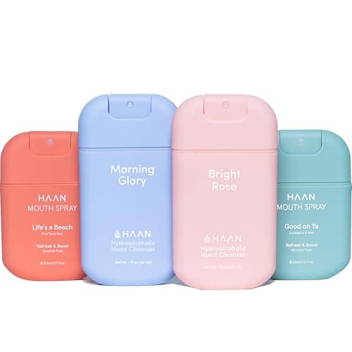 HAAN Moisturizing Hand Spray with Aloe Vera and Mouth Spray (4 Pack) - 1 Count Per Fragrance and Flavor: Morning Glory, Bright Rose, Apple a Day & Life's a Beach