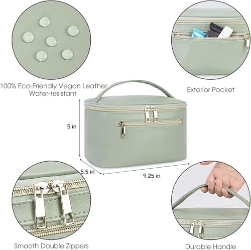 Travel Makeup Bag, Large PU Leather Cosmetic Case with Brush Compartment, Green — view 5