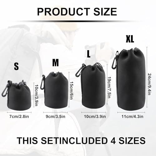 4pcs Camera Lens Bag Set, Protective Neoprene Lens Pouches with Drawstring,Water-Resistant Soft Plush Lens Case for DSLR Camera Lens, Thick Lens Bag 4 Sizes for Canon Nikon Sony Pentax Olympus（Black） — view 2
