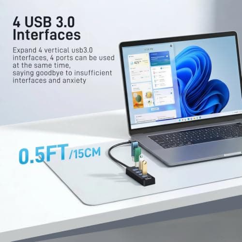 Yinker 15cm USB 3.0 Hub 4 Port with 5V Power Port, USB Splitter, 5Gbps Data Transfer, USB Extender for Laptop, PC, MacBook, PS5 — view 2