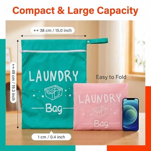 Laundry Bags & Laundry Bag, 2 Pack Travel Laundry Bag 38x49cm Reusable with Handle, Portable Laundry Bags for Travelling, Gym, Camping, Water-Resistant & Durable - Green & Pink — view 2