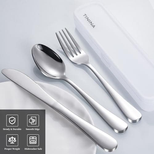 Camping Cutlery Set with Case, 4-Piece Stainless Steel Portable Travel Utensils, Reinforced Case with Snap-Lock Closure, Lunch Box for Camping Work School, Fork Spoon Knife, Dishwasher Safe, Silver — view 2